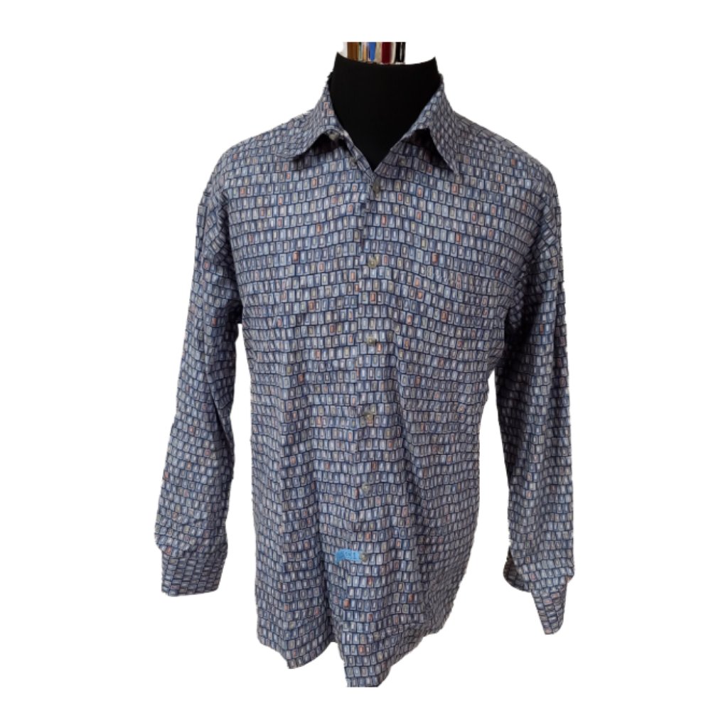 Pierre Cardin Mens Xl Blue Geometric Tiles Long Sleeve Button Up Shirt